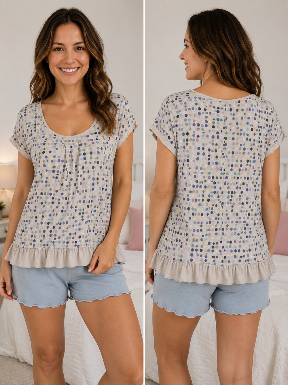 Miss Selfridge Beige Scoop Neck Polka Dot Ruffle Hem Top